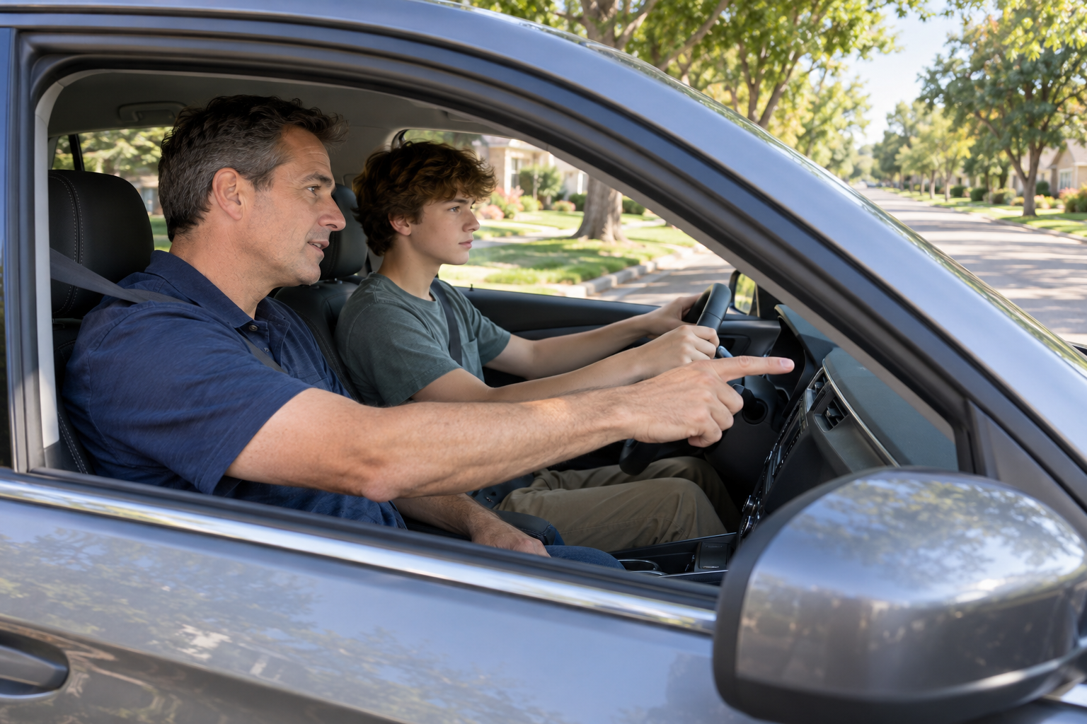 Teen student driving with an instructor in the passenger seat