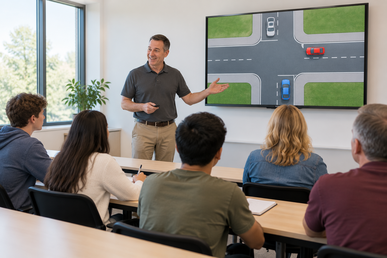 Instructor teaching an in-person driver education class
