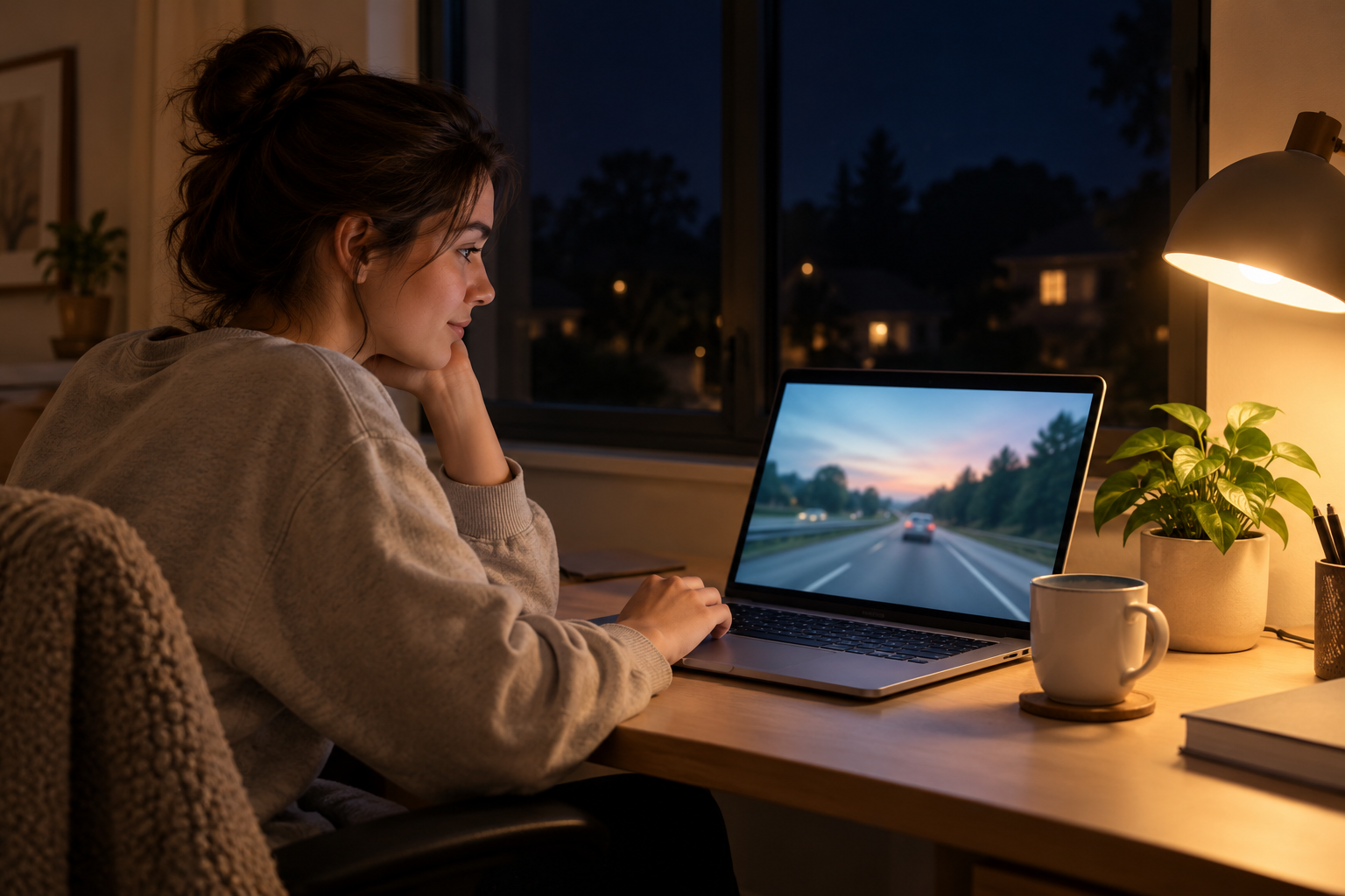 Adult studying an online driving course in the evening