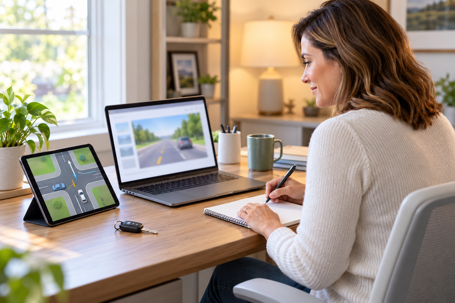 Adult taking notes during an online driving safety course